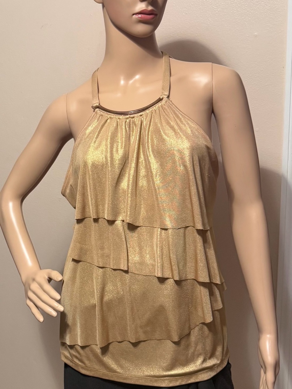 INC International Concepts Gold Foil Jersey Layered Halter Top